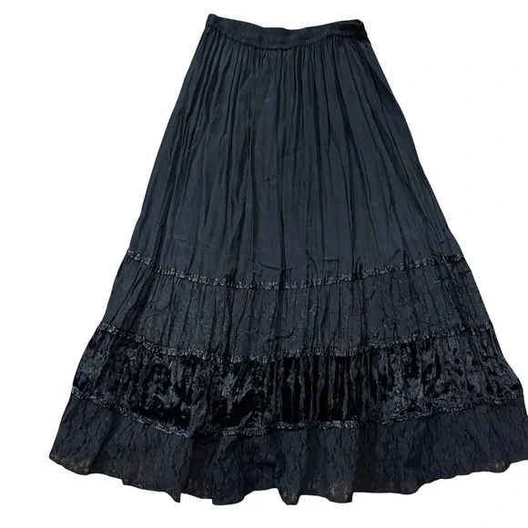 VTG Black Velvet Lace Nylon Tiered Maxi Skirt Small Pull On Whimsigoth Stretch - Picture 1 of 6